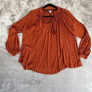 Crown & Ivy Orange Long Sleeve Leopard Print V Neck Tassel Blouse Petite Large